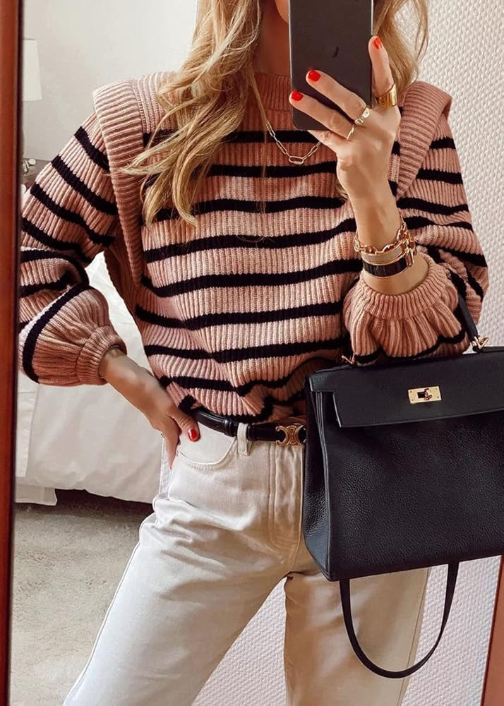 PRETTYGARDEN Women's Sweaters Casual Long Lantern Sleeve Crewneck Ribbed Knit Pullover Striped Ju... | Amazon (US)