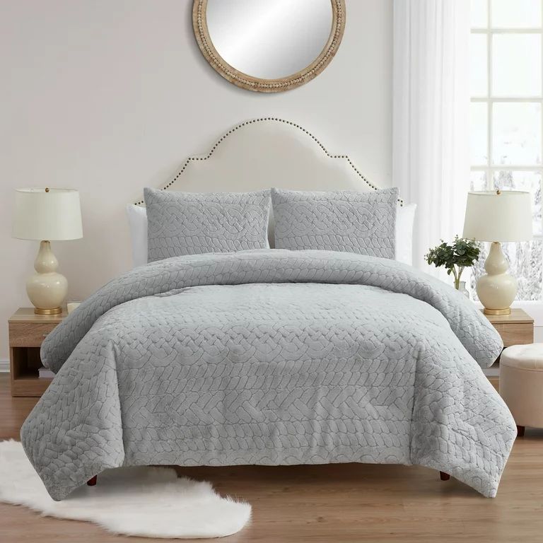 My Texas House Jessie 3-Piece Comforter Set Carved Faux Rabbit Fur, Grey, Full/Queen | Walmart (US)