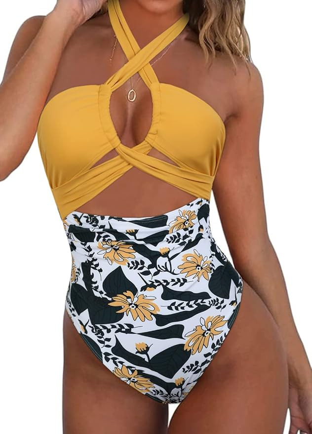 Hilor Women's One Piece Swimsuit Sexy Cutout Halter Bathing Suits Crossover High Cut Monokini Swi... | Amazon (US)