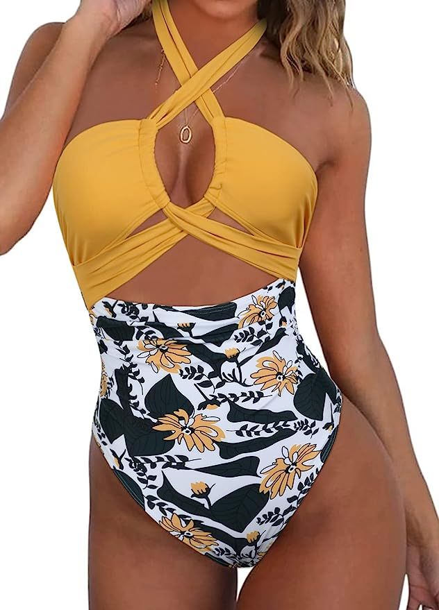 Hilor Women's One Piece Swimsuit Sexy Cutout Halter Bathing Suits Crossover High Cut Monokini Swi... | Amazon (US)