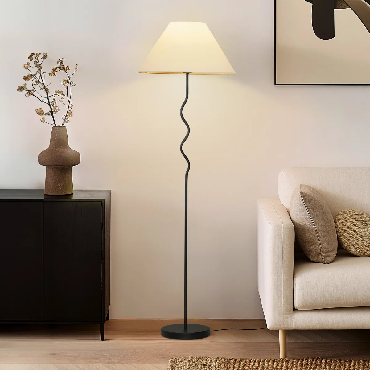 Squiggle 62" Modern LED Floor Lamp with Wavy Black Metal Base and Ivory Empire Shade, Bulb Includ... | Wayfair North America