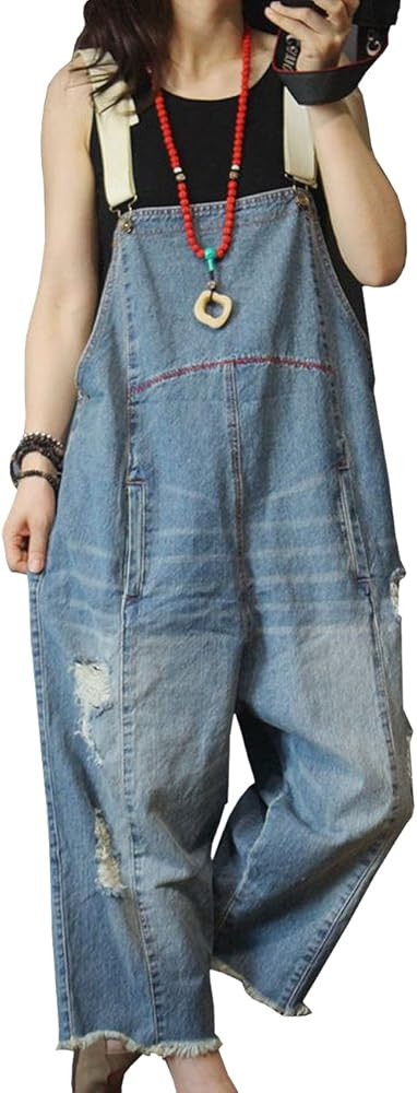 YESNO Women Casual Loose Cropped Denim Jumpsuits Rompers Jeans Overalls Distressed Ripped Fringed... | Amazon (US)