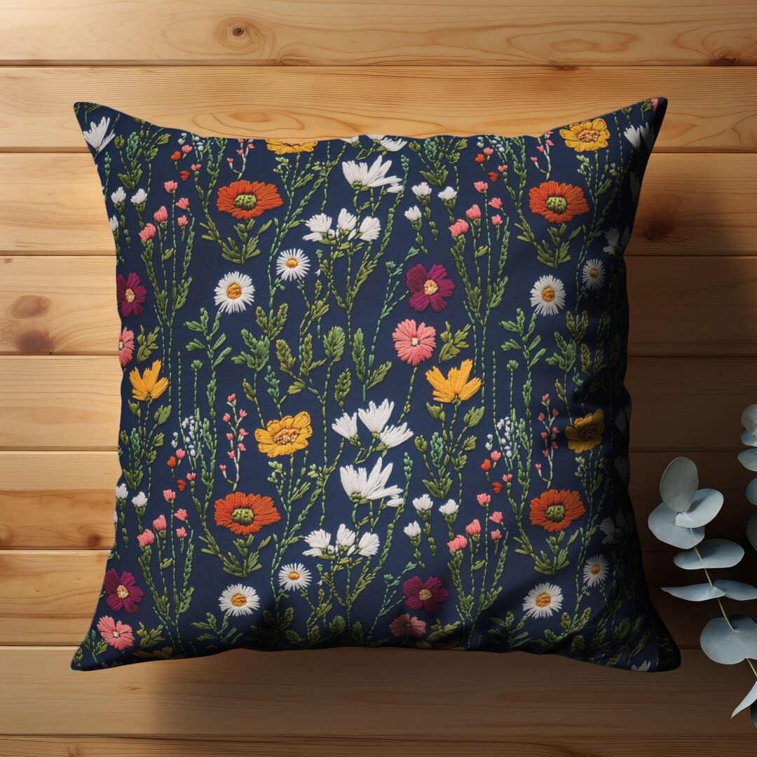 Wildflower Faux-embroidered Throw Pillow Cover, Rustic Floral Design, Cozy Home Decor, Boho Cotta... | Etsy (US)