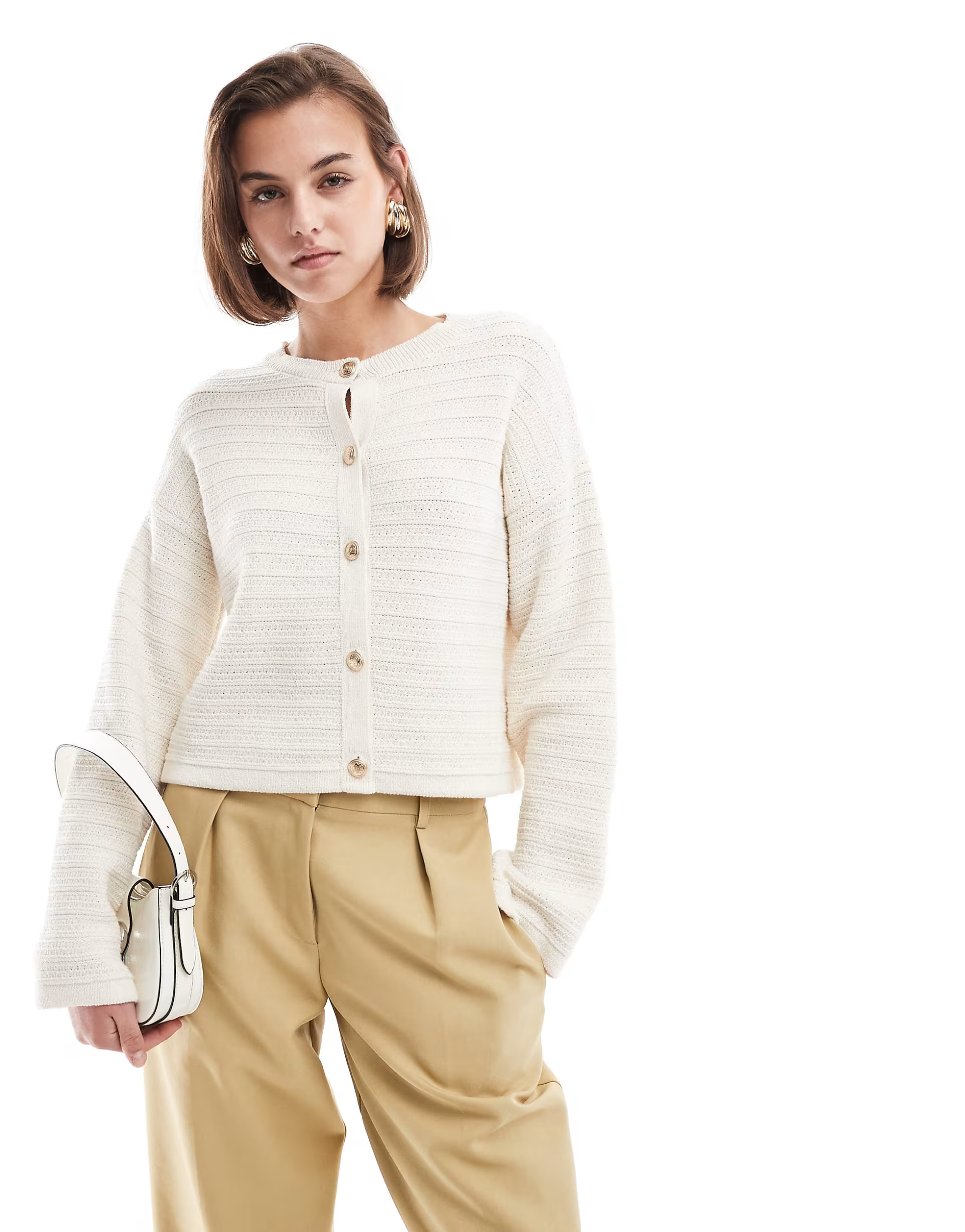 ASOS DESIGN knitted crew neck cardigan in textured stitch with gold buttons in cream | ASOS | ASOS (Global)