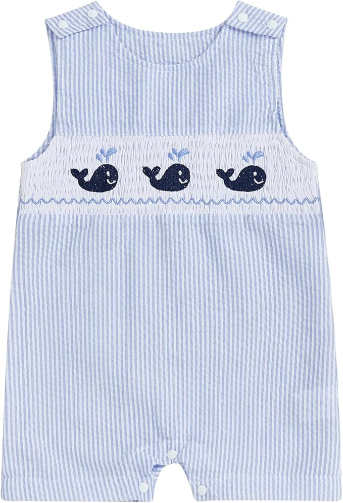 Newborn Baby Boys Sleeveless Seersucker Romper One Piece Straps Overalls Striped Jumpsuit Summer ... | Amazon (US)