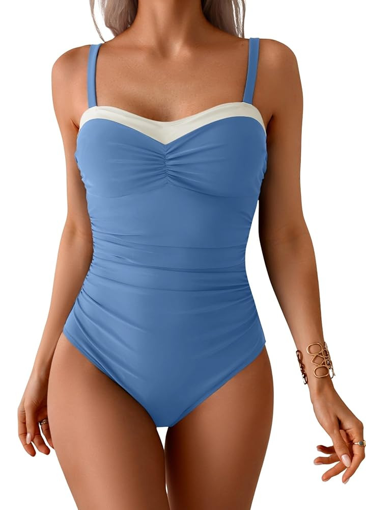 One Piece Swimsuit Tummy Control Color Block Bathing Suits for Women Ruched Slimming Swim Suit Ti... | Amazon (US)