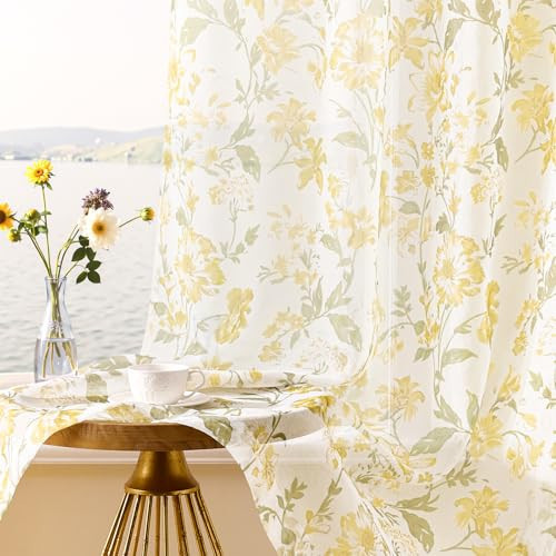 Floral Sheer Curtains 84 Inches Long 2 Panels for Living Room Country Rustic Flower Printed Curtains for Bedroom Rod Pocket Light Filtering Summer Botanical Window Drapes Privacy Decor, 52x84 Yellow | Amazon (US)