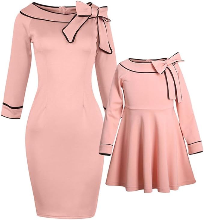 PopReal Mommy and Me Dresses Sweet Bowknot Decorated Party Elegant Midi Matching Outfits | Amazon (US)