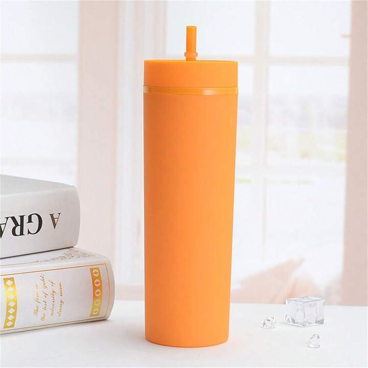 High-Quality Double Layer Plastic Cup, Matte Rubber Paint Water Bottle, Reusable Straight Straw Cup, 480ml/16oz Unisex Office Water Bottle, Tumbler, Coffee Cup. Suitable For Office, Restaurant, Outdoor, School, Birthday, Mother's Day, Holiday Gifts | SHEIN