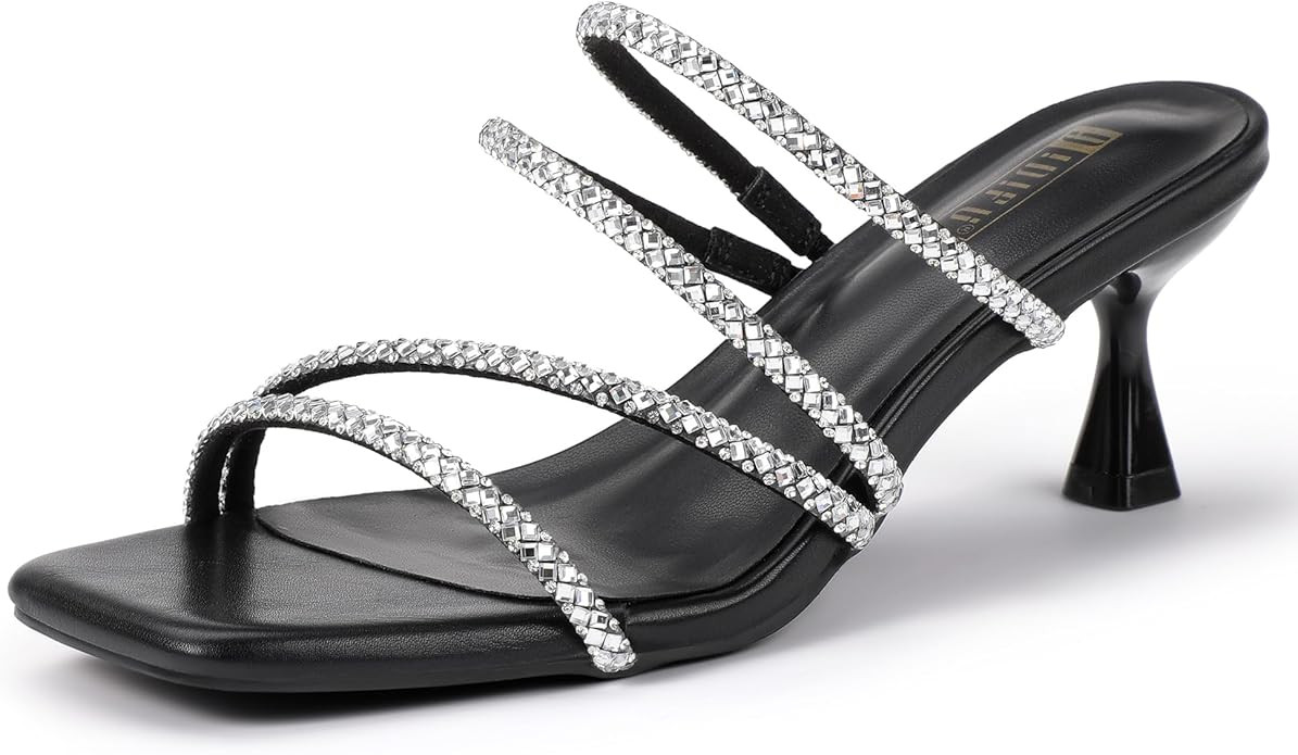 IDIFU IN2 Rhinestone Heels Strappy Low Kitten Square Open Toe Mule Heels Wedding Bridal Prom Part... | Amazon (US)