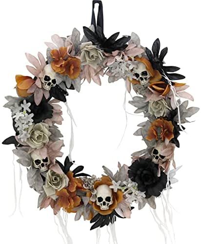 Haunted Hill Farm 22 in. Hanging Faux Floral Wreath with Black, Grey, Gold Flowers and Creepy Sku... | Amazon (US)