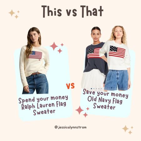 Flag Sweater designer vs budget edition

The beautiful Ralph Lauren Flag Sweater has a great dupe at Old Navy! There are two colors and it's only $44! #designerdupe #ralphlauren #ralphlaurenflagsweater #oldnavy