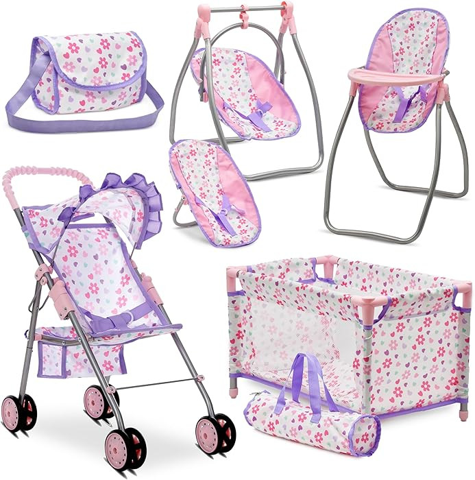 Baby Doll Stroller Bed and Swing Nursery Playset, Baby Doll Accessories Furniture Set Convertible... | Amazon (US)
