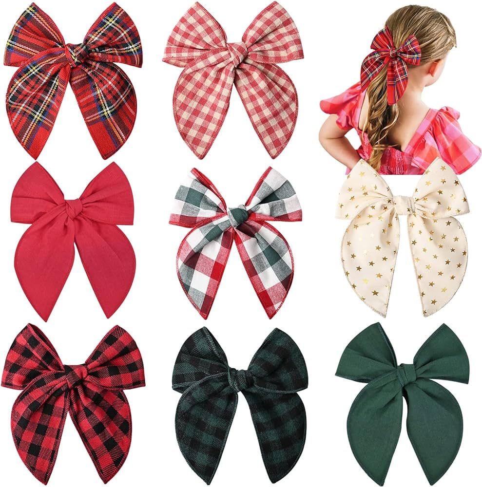 DEEKA 8 PCS Large Christmas Fable Hair Bows Cotton Linen Red and Black Plaid Hair Bow for Toddler... | Amazon (US)