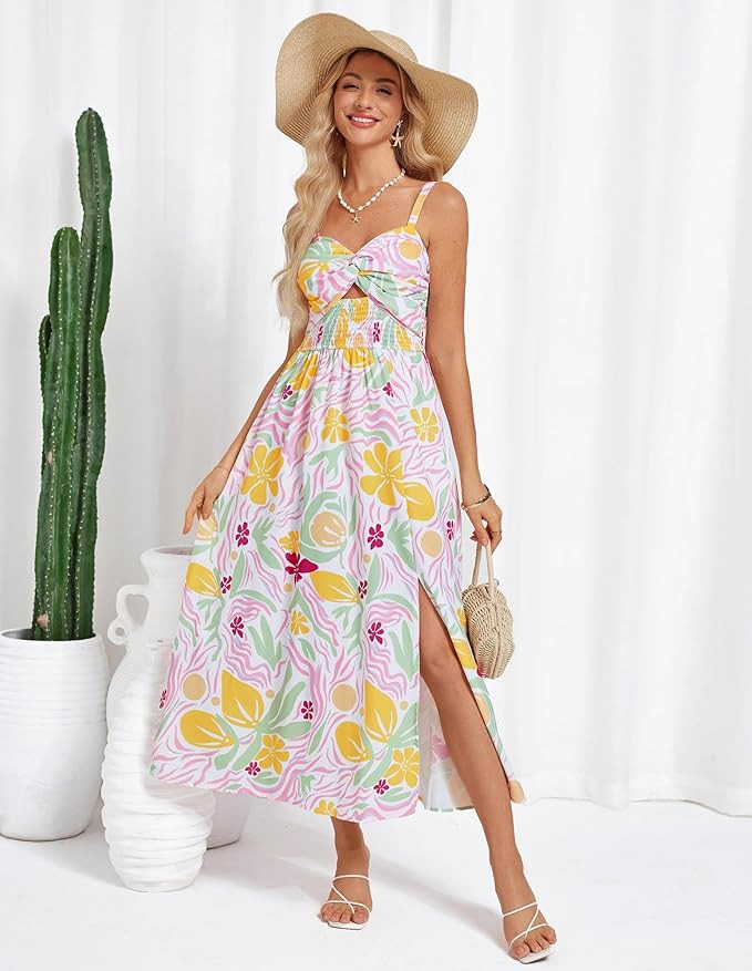 GRACE KARIN 2025 Women's Summer Spaghetti Strap Maxi Dress Smocked Floral Dress Sleeveless Boho B... | Amazon (US)