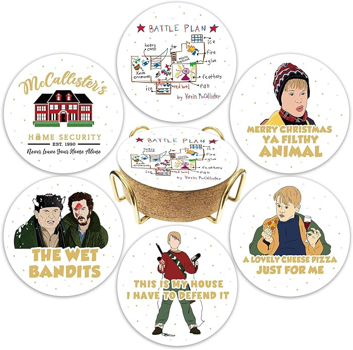 Home Alone 6 Pcs Drink Coasters with Metal Holder, Funny Home Alone Coffee Coasters, Christmas Of... | Amazon (US)