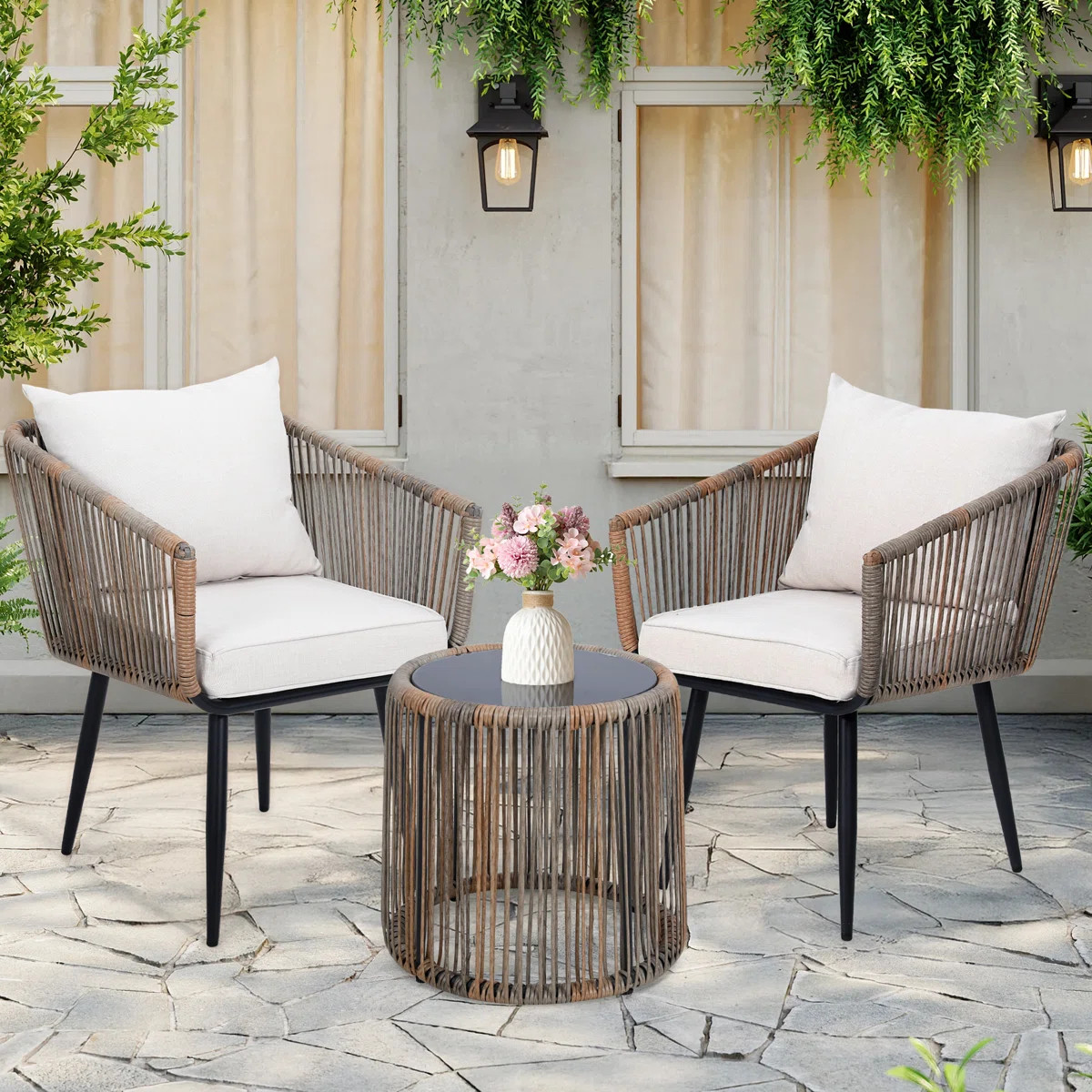 3 Pieces Patio Rattan Bistro Conversation Set, Outdoor All-Weather Wicker Furniture, (Set of 3) | Wayfair North America