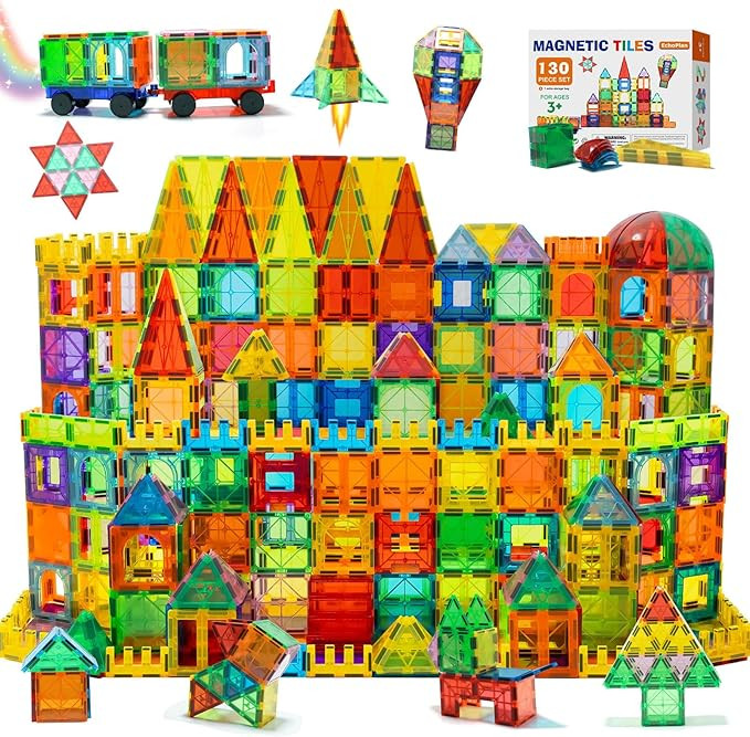 EchoPlan Magnetic Tiles, 130PCS Magnetic Blocks with 2 Cars, Magnet Tiles 3D Clear Building Block... | Amazon (US)
