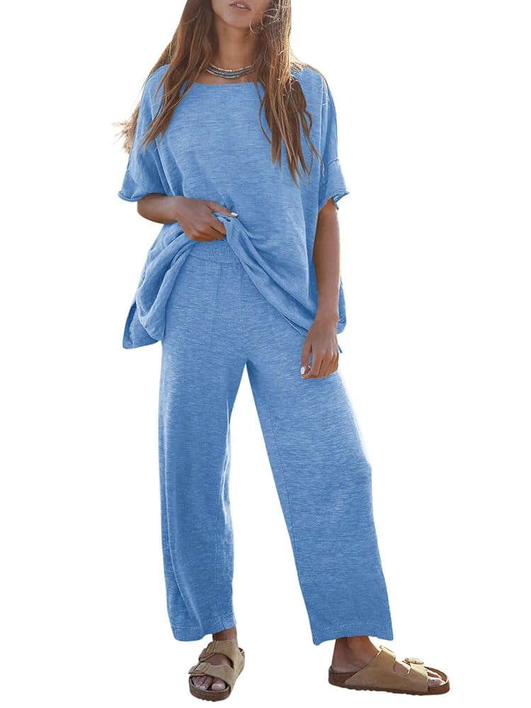 Tankaneo Women's 2 Piece Travel Outfits Casual Short Sleeve Knit Sweater Set Wide Leg Pants Loung... | Amazon (US)