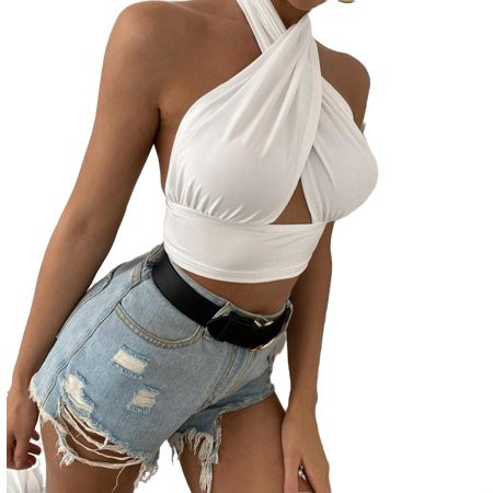 Women s Solid Cross Crop Halter Top White S | Walmart (US)