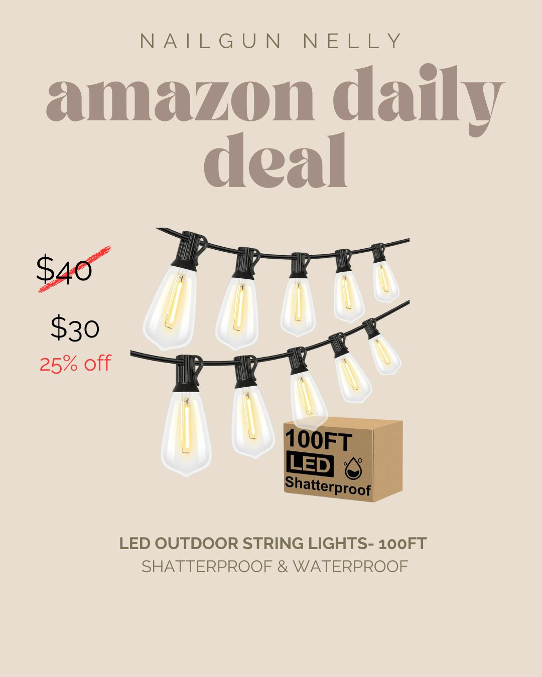 Amazon Daily Deal! 

LED Outdoor String Lights- 100FT 
 

 #LTKSeasonal #LTKHome #LTKSaleAlert