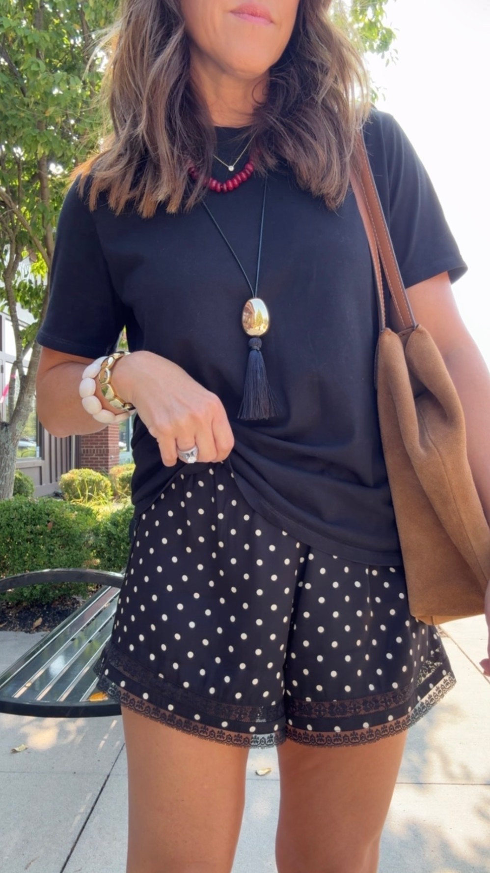 Small tee and shorts. 
Love the touch of lace on these satin shorts. 
Red necklace / use code: twopeasinablog20

#LTKootd #LTKmomlife #LTKOver40