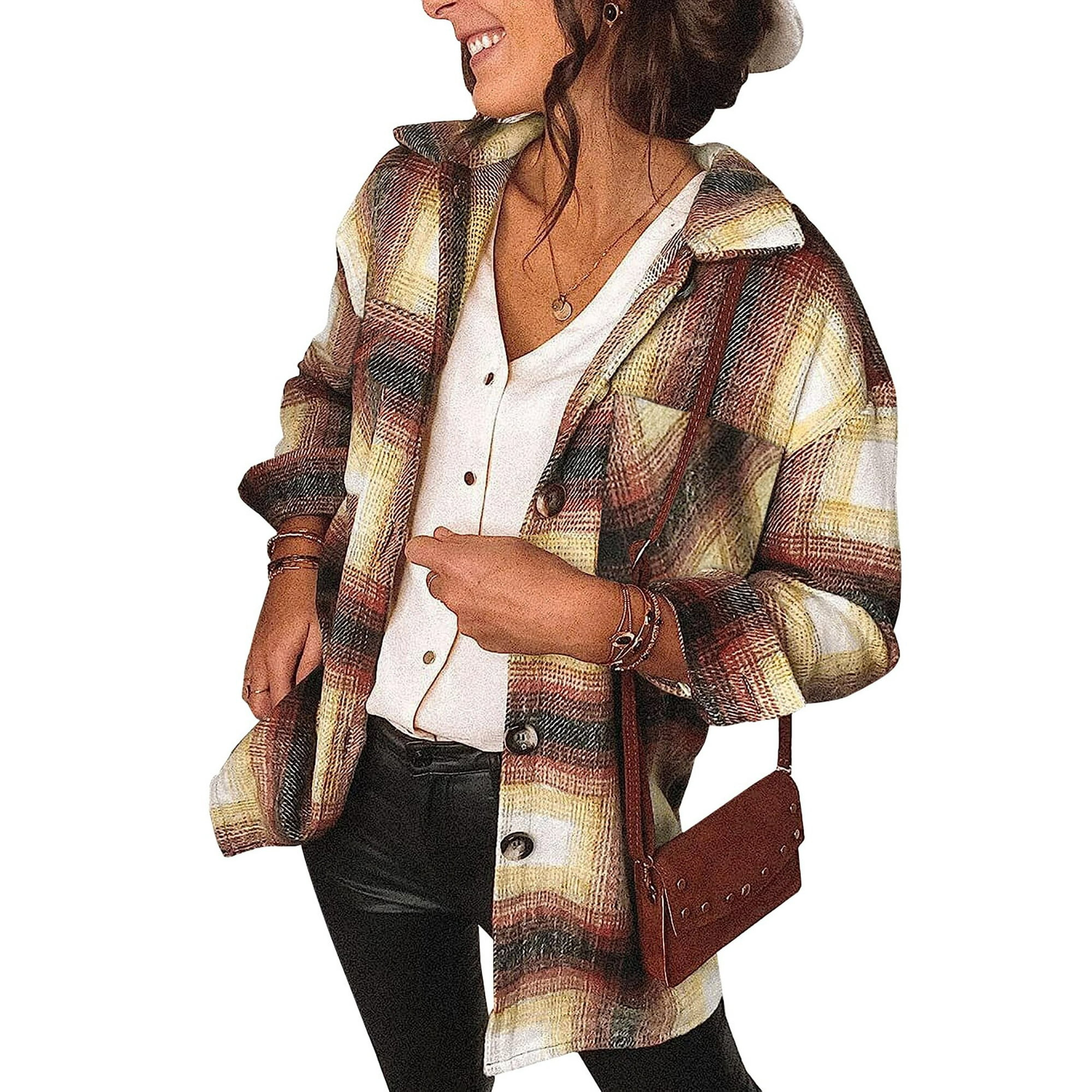 Fantaslook Womens Plaid Shirts Flannel Shacket Jacket Long Sleeve Button Down Boyfriend Shirt Coa... | Walmart (US)