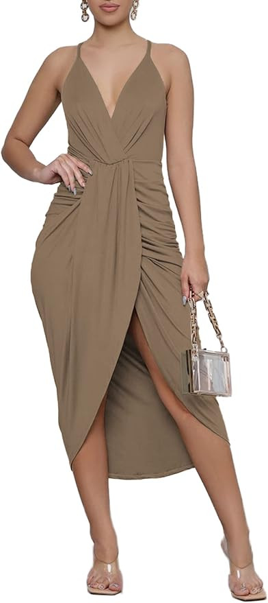 LYANER Women's V Neck Ruched Wrap Slit Hem Sleeveless Spaghetti Strap Midi Bodycon Dress | Amazon (US)