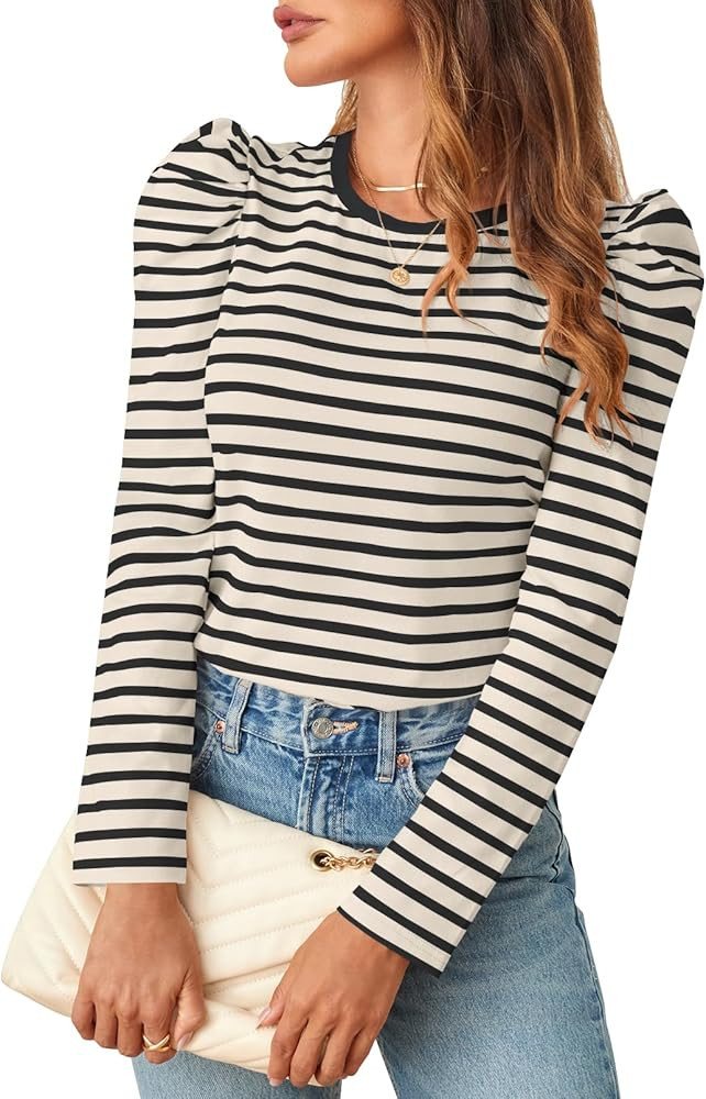 MEROKEETY Women's Puff Long Sleeve Striped Tops Crew Neck 2024 Fall Casual Knit Basic Tee Shirts | Amazon (US)