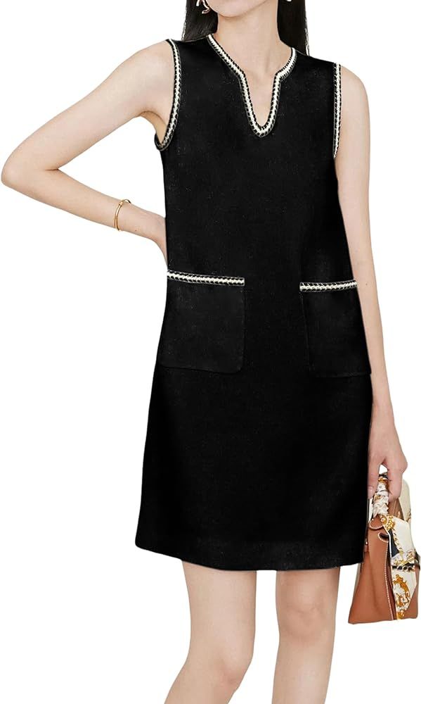 Qiaomai Womens Tweed Dress V Neck Sleeveless A-Line Skirt Vintage Business Party Mini Jackie Dres... | Amazon (US)