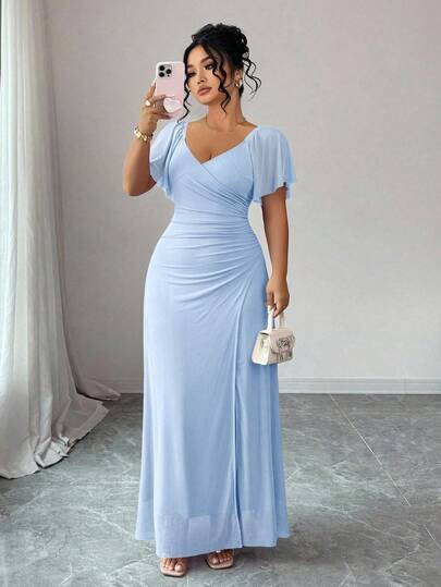 Elenzga Women's Lavender V-Neck Ruffle Sleeve Waist Pleated Slit Dress, Elegant Bridesmaid Dr... | SHEIN