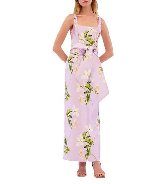 Scoop Neck Floral Mikado Long Dress | Dillard's