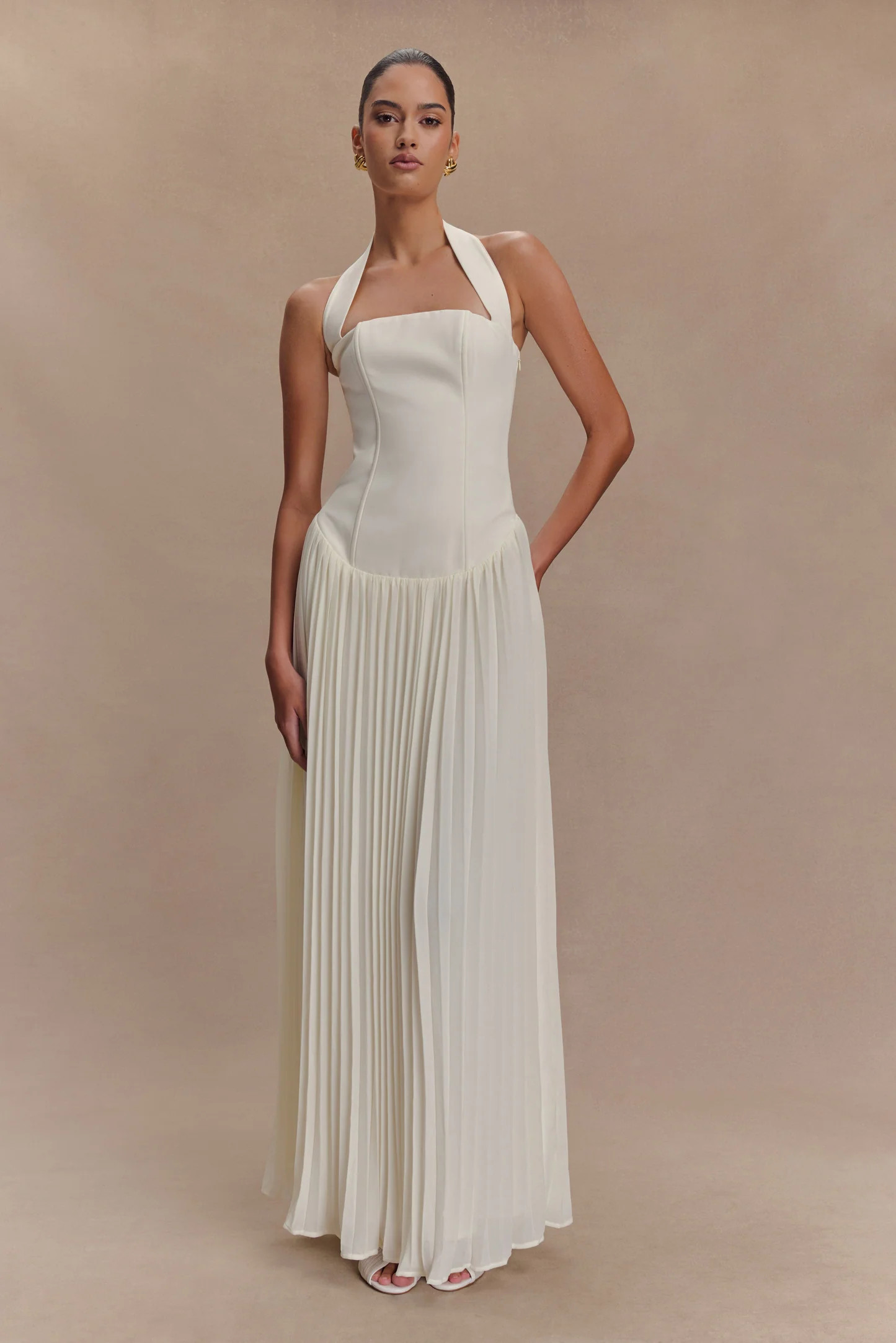 Pleated Halter Maxi Dress - Ivory | MESHKI US