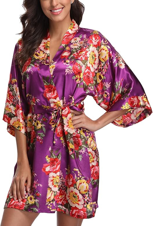 Floral Satin Kimono Robes for Women Short Bridesmaid and Bride Robe for Wedding Party | Amazon (US)