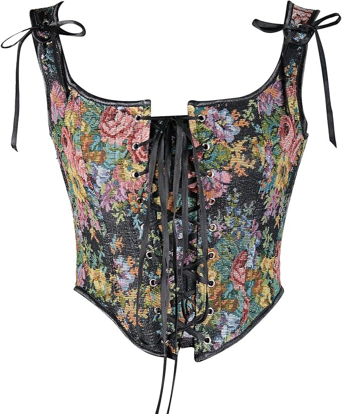 Women Vintage Floral Camisole Flower Embroidery Pattern Tight Vest Drawstring Tie-up Tank Top Sus... | Amazon (US)