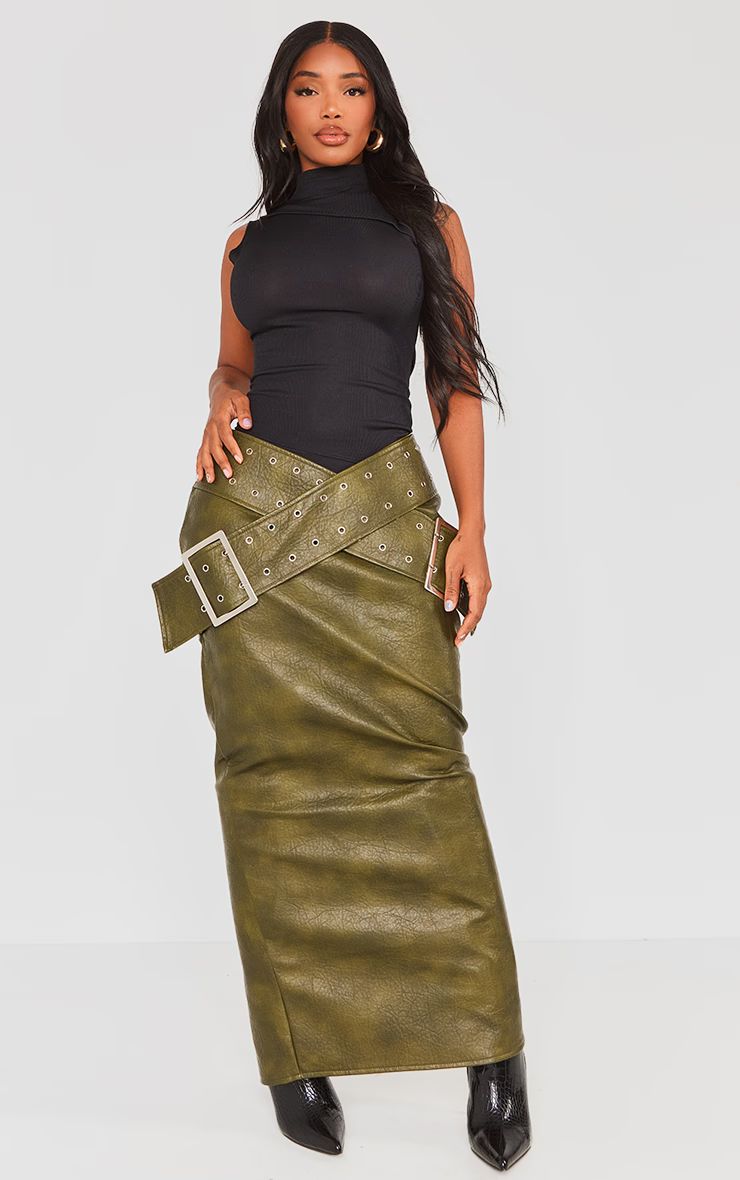 Shape Khaki Washed Effect Faux Leather Belt Detail Maxi Skirt | PrettyLittleThing UK