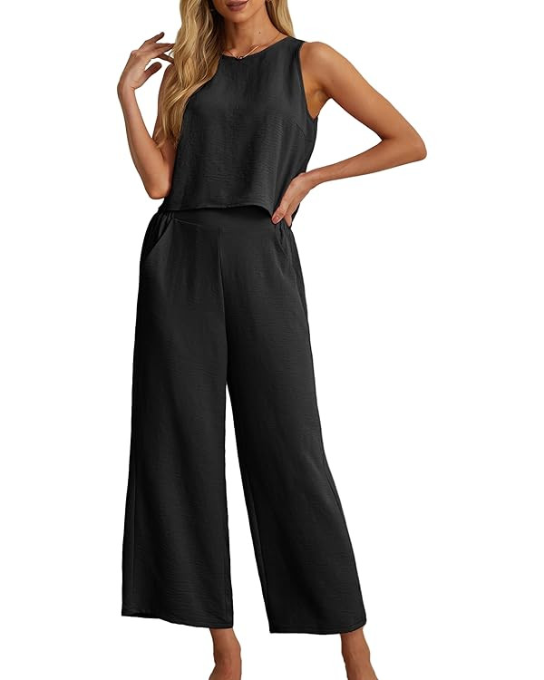 IWOLLENCE Women's Summer 2 Piece Outfits Set Round neck Sleeveless Tank Crop Top Wide Leg pants S... | Amazon (US)