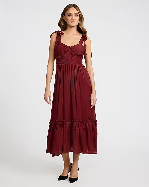 Sweetheart Tie Strap Ruched Tiered Midi Dress | Express