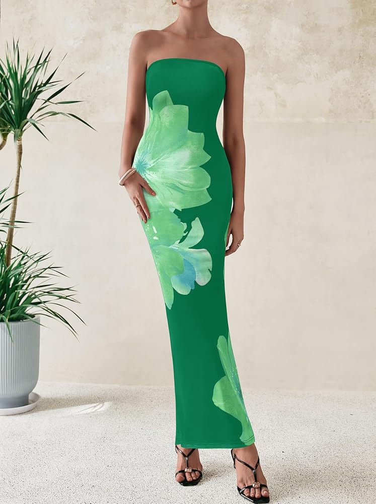 Amazon.com: PRETTYGARDEN Women Summer Strapless Maxi Dress Bodycon Floral Sexy Long Wedding Guest... | Amazon (US)