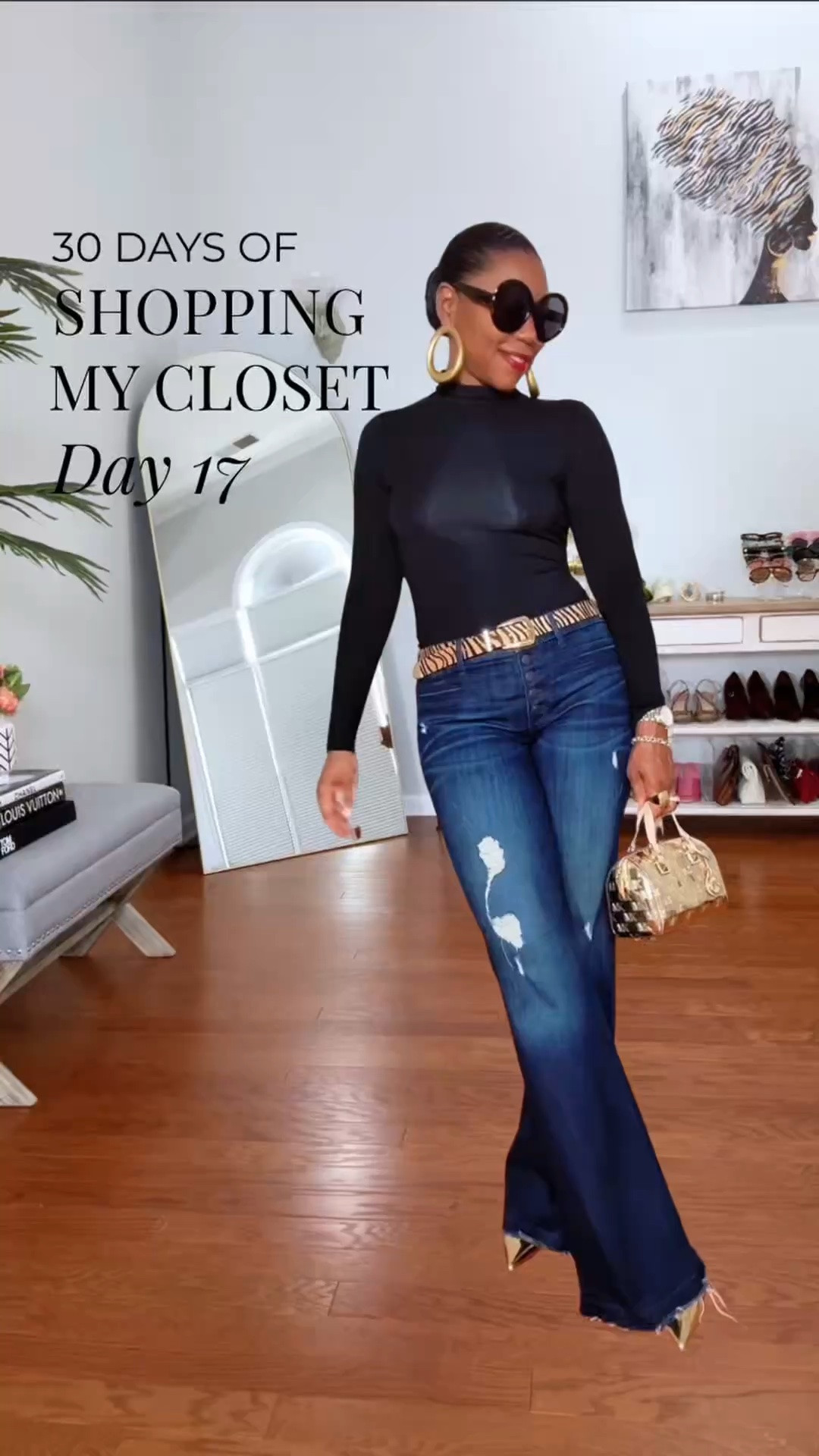 DAY 17/30: Shopping My Closet ✨

I styled the ENTIRE outfit around the bag and shoes. 😍✨

I am OBSESSED with this little metallic gold bag and gold-toe pumps, so I built the entire outfit around them. A fitted black bodysuit and dark wide-leg jeans gave me the perfect neutral base, then I pulled in the zebra belt, oversized gold hoops and statement shades to finish the look.

And THIS is why I keep saying accessories are not an afterthought — they can be the whole inspiration for the outfit.

WHAT I’M WEARING
✨ Black fitted bodysuit
✨ Express wide-leg distressed jeans
✨ Zebra print belt
✨ Metallic Michael Kors mini bag
✨ Gold-toe pumps
✨ Oversized shades + gold statement earrings

Size reference: 5’4” | 155 lbs | Size M

Style it. Own it. SLAY it. 💋

#FashionOver50 #ShopMyCloset #StyleOver50 #Accessorizing #MikoSlaysFashion

#LTKootd #LTKOver40 #LTKMidsize