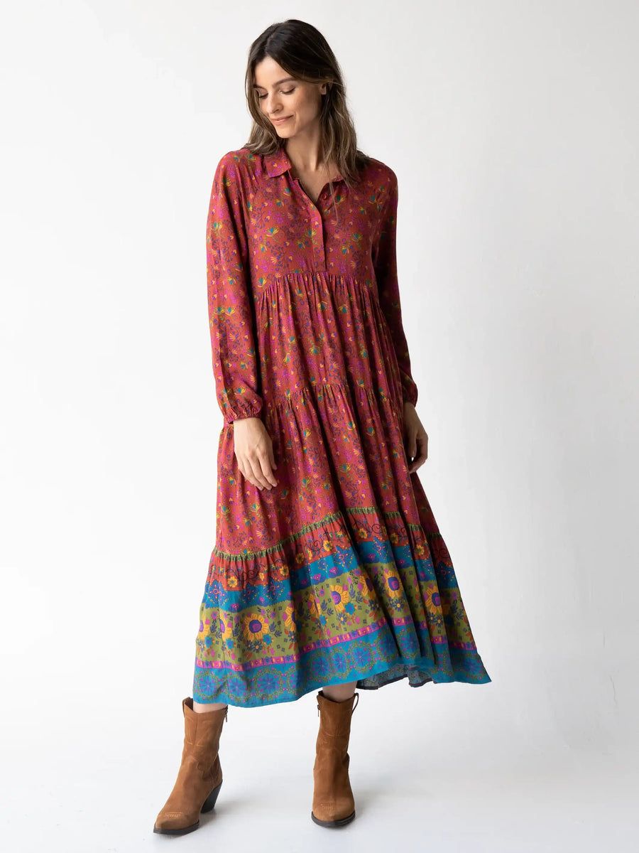 Rebecca Long Sleeve Midi Dress - Sunflowers Red Clay | Natural Life