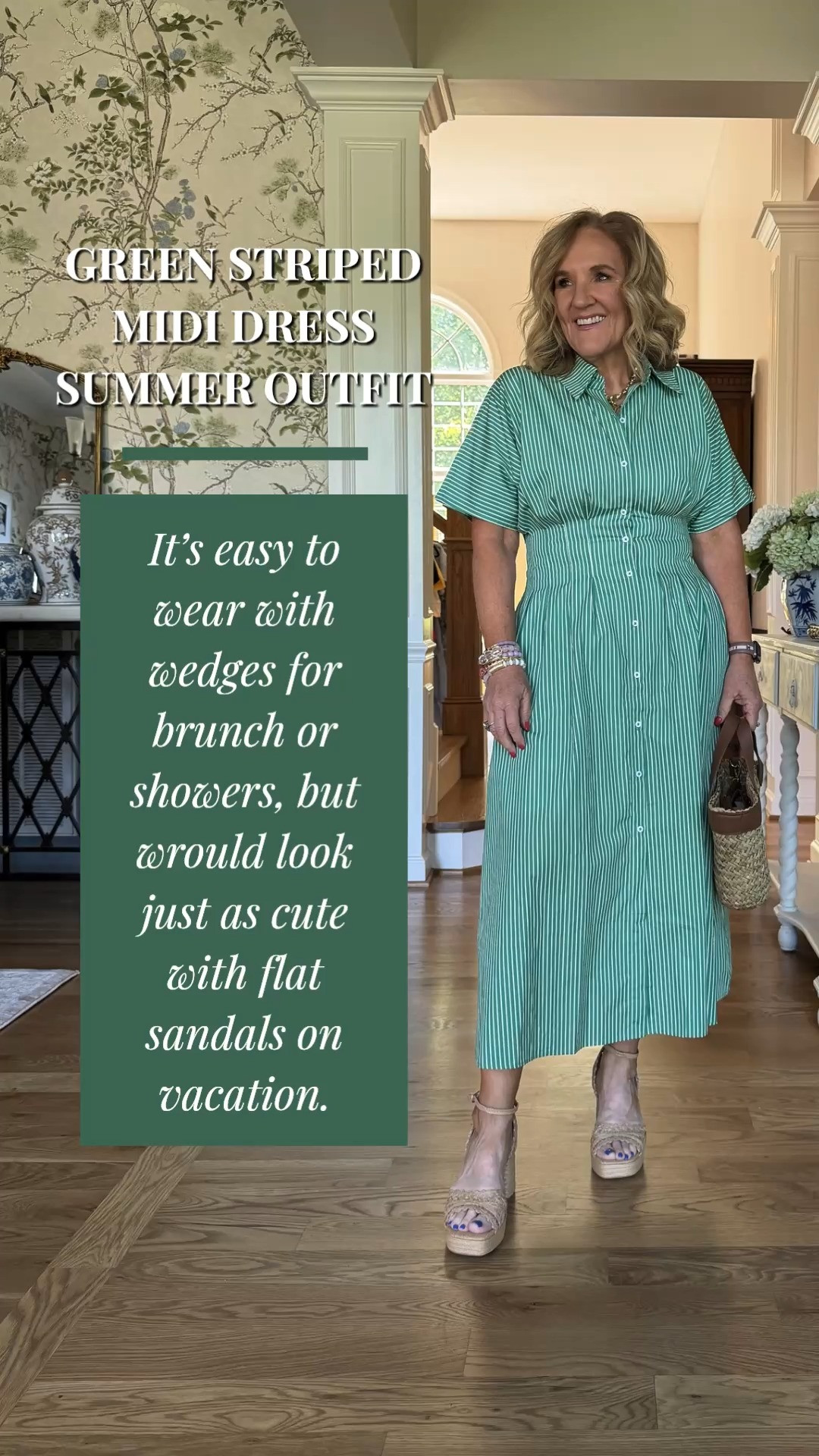 This green striped midi dress is such an easy summer outfit 🫶🏻

Lightweight, flattering, and one of those throw-on-and-go dresses that still feels polished. I love it styled with wedges for brunch, showers, or dinner out, but it would look just as cute with flat sandals for vacation days and casual summer weekends.  

 #LTKootd #LTKOver40 #LTKSaleAlert
