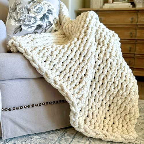 Chunky Knit Blanket Throw - 50 x 60 Soft Chenille Throw Blanket, Hand Knitted Blanket for Couch, Bed, Sofa, Home Decor (Cream) | Amazon (US)