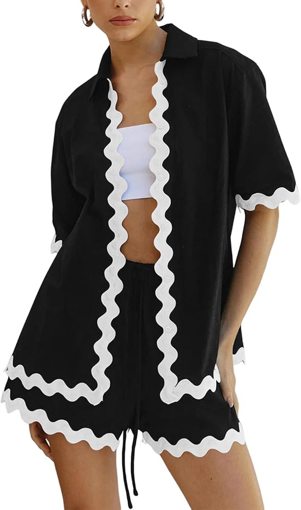 Yimoon Women's 2 Piece Outfits Summer Beach Vacation Set Short Sleeve Button Down Shirts Matching... | Amazon (US)