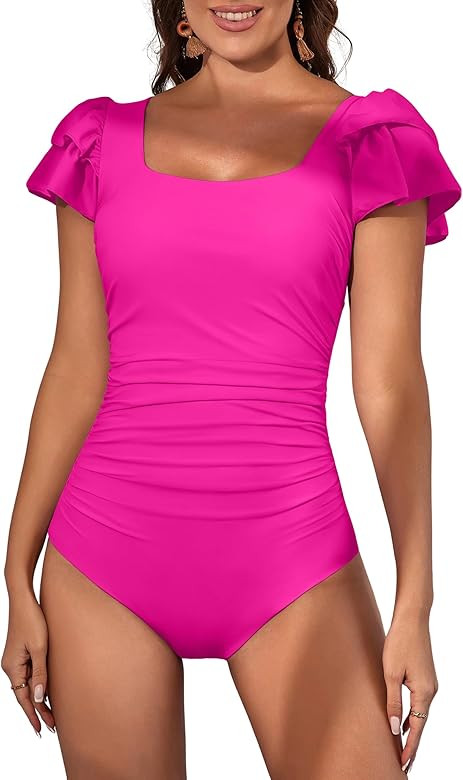 Eomenie Women's Tummy Control One Piece Swimsuit Ruffle Square Neck Bathing Suit Ruched Cutout Ba... | Amazon (US)