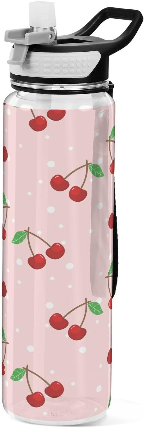 Cute Cherry Fruit Water Bottle with Straw Lid 32oz Leakproof Clear Gym Water Bottles for Women Me... | Amazon (US)