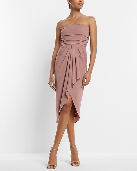 Strapless Draped Ruched Midi Sheath Dress | Express