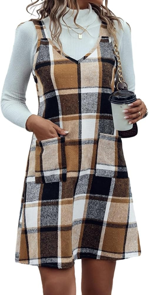 IDEALSANXUN Plaid Overall Dress for Women Fall Winter Sleeveless Plaid Dresses with Pockets | Amazon (US)