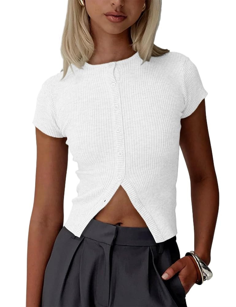 Cioatin Women Button Down Open Front Short Sleeve Crop Tee Tops Y2K Crew Neck Slim Fit Ribbed Car... | Amazon (US)