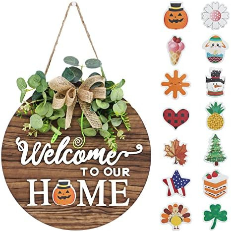 Interchangeable Seasonal Welcome Sign Front Door Decoration, Rustic Round Wood Wreaths Wall Hangi... | Amazon (US)